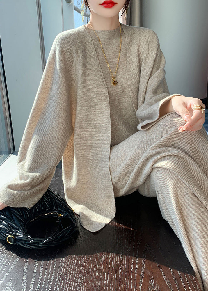 Natural Light Camel V Neck Woolen Cardigan Waistcoat and Wide Leg Pants Three Piece Set Fall Wv030