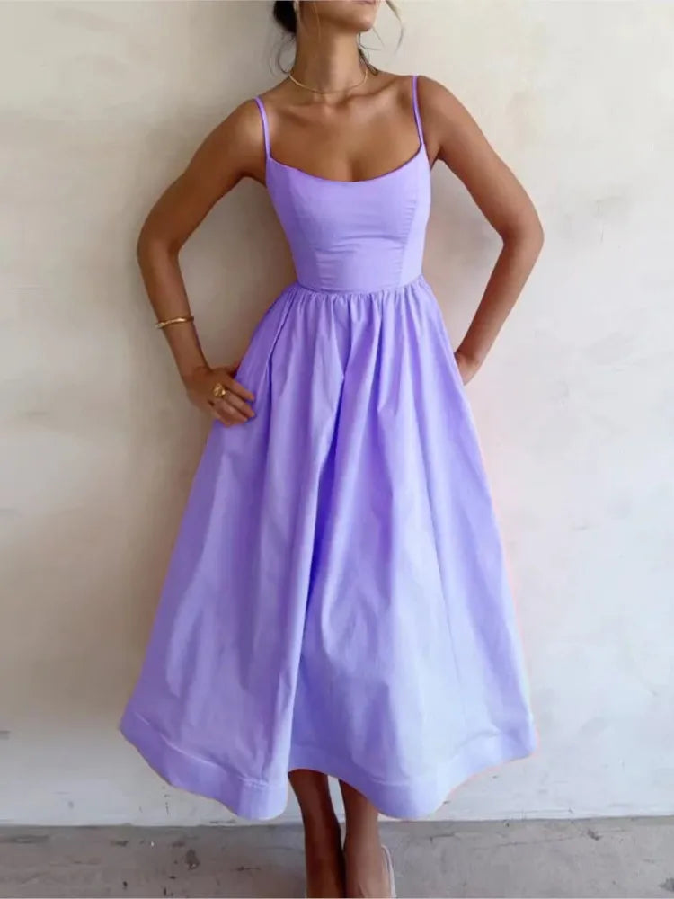 Spaghetti Strap A-line Maxi Dresses Low Cut Sleeveless Big Skirt Dress Summer New Party Vestido
