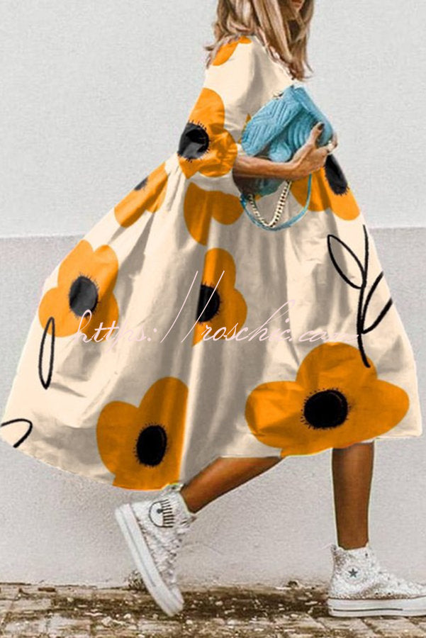 Print High Low Hem A-line Midi Dress