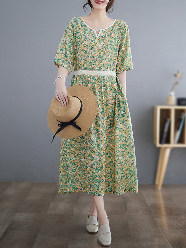Loose Short Sleeves Hollow Pleated Printed Split-joint Round-neck Midi Dresses