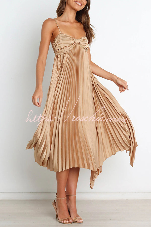 Color Suspender Pleated Irregular Midi Dress