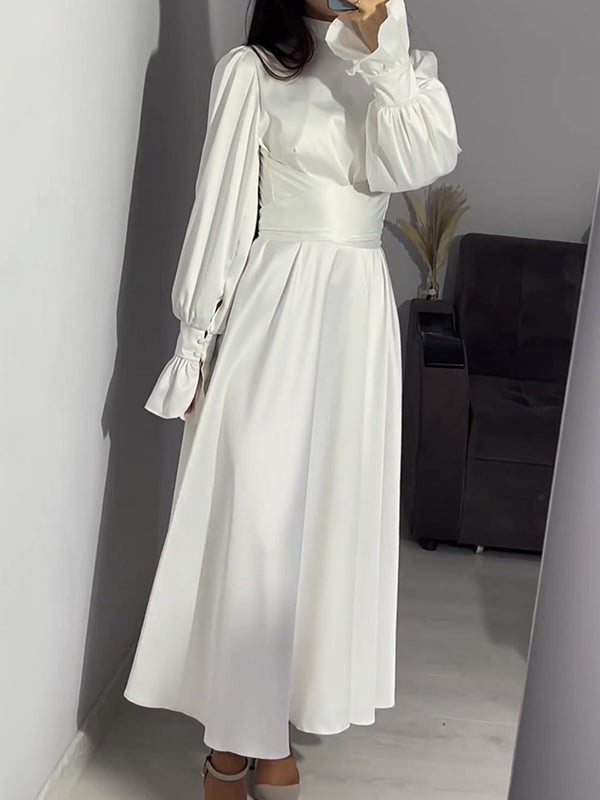 A-line Long Sleeves Pleated Color Tied Waist Zipper Mock Neck Maxi Dresses