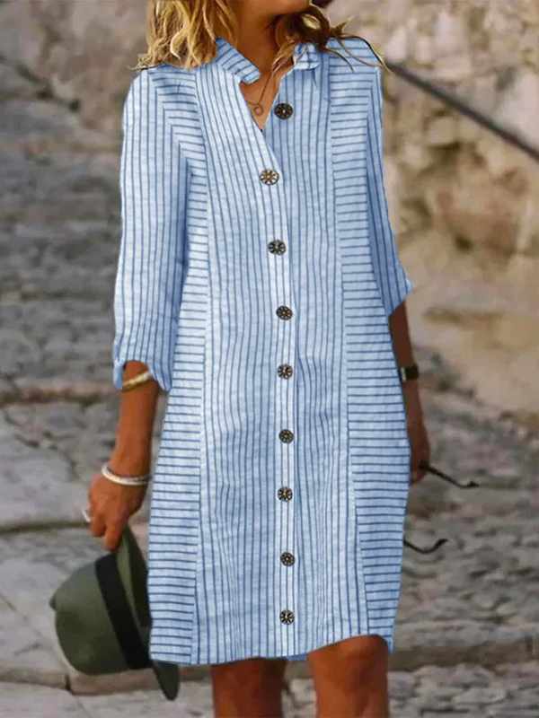 Long Sleeves Buttoned Striped V-neck Midi Dresses