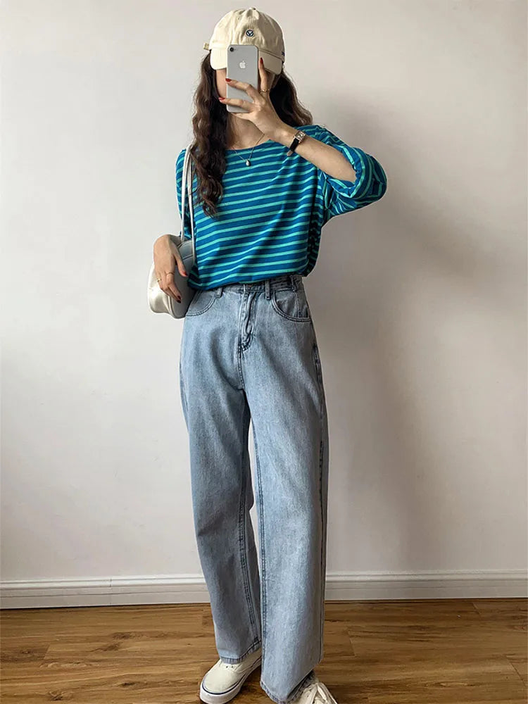 Korean Striped T-shirt Autumn Long Sleeve ’s Top Loose Cotton T-shirt Female Blue Orange S-xl