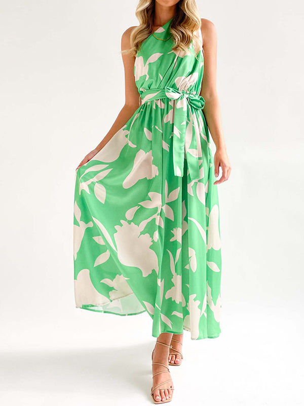 Loose Sleeveless Bandage Contrast Color Hollow Printed One-shoulder Midi Dresses