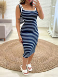 Bodycon Sleeveless Contrast Color Striped U-neck Midi Dresses