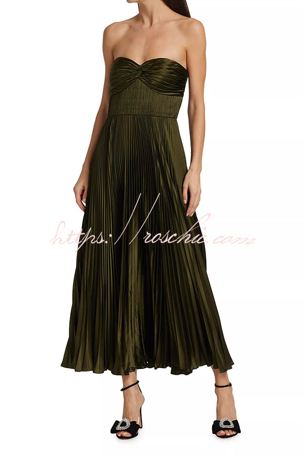 Love Note Satin Sweetheart Twist Off Shoulder Pleated Maxi Dress