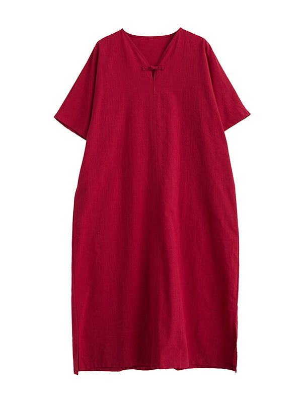 A-line Loose Chinese Frog Buttons Pockets Color Split-side V-neck Midi Dresses