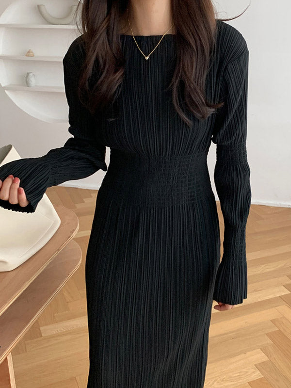 Simple Long Sleeves Black Split-joint Elasticity Waist Pleated Midi Dress