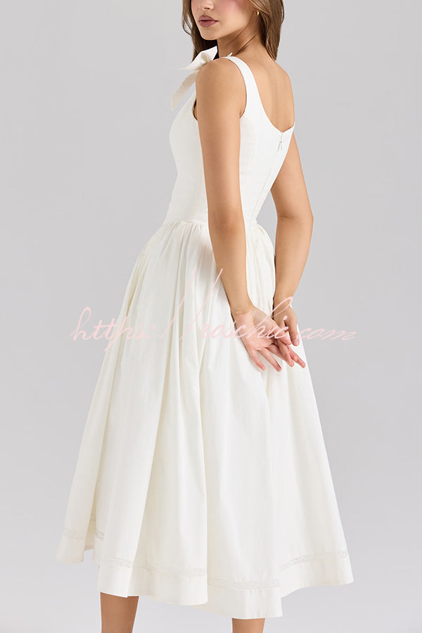 Real Darling Square Neck Bows Straps Button Up Pocketed Midi Dress