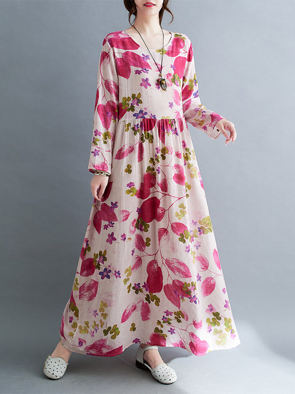 Long Sleeves Loose Flower Print Split-joint Round-neck Midi Dresses