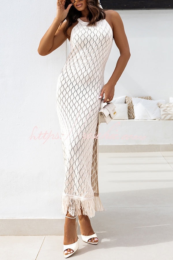 Color Sleeveless Knitted Tassel Slim High Slit Midi Dress