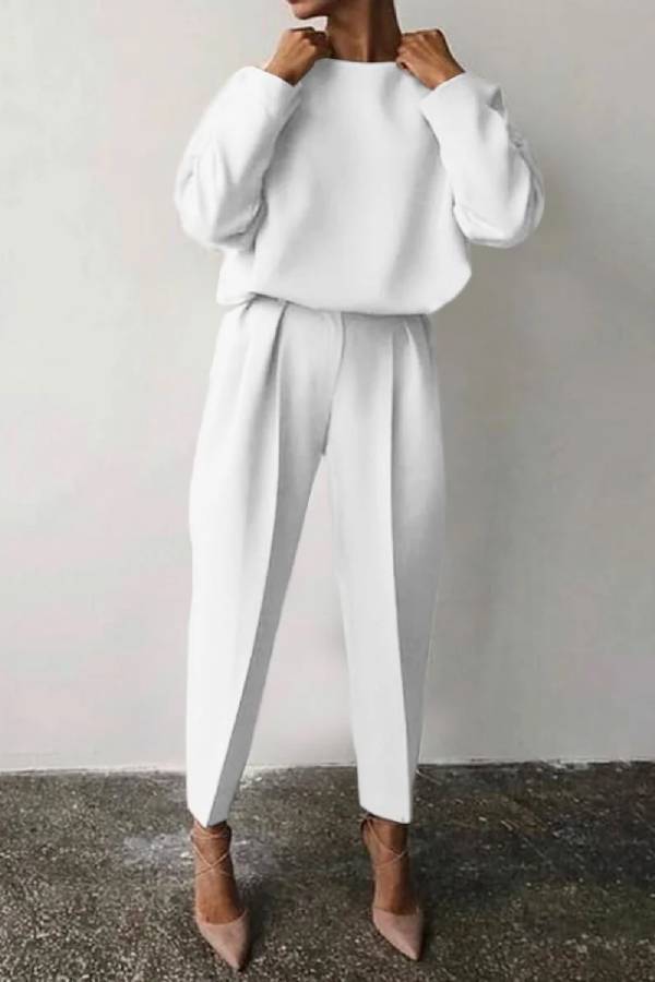 Color Round Neck Pencil Pants Suit