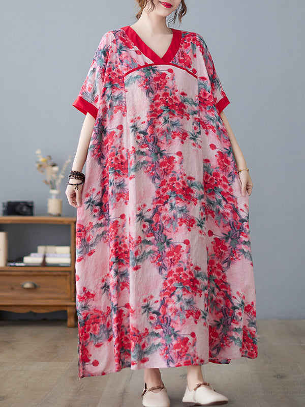 Loose Artistic Retro Printed Split-joint V-neck Midi Dress