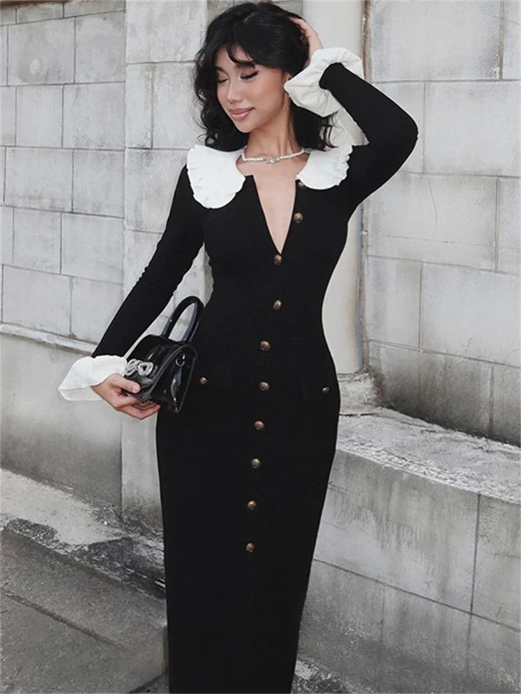 Ruffled Knit Long Dress High Waist Pocket Slim Lapel Patchwork Party Dress Female Autumn Maxi Dress