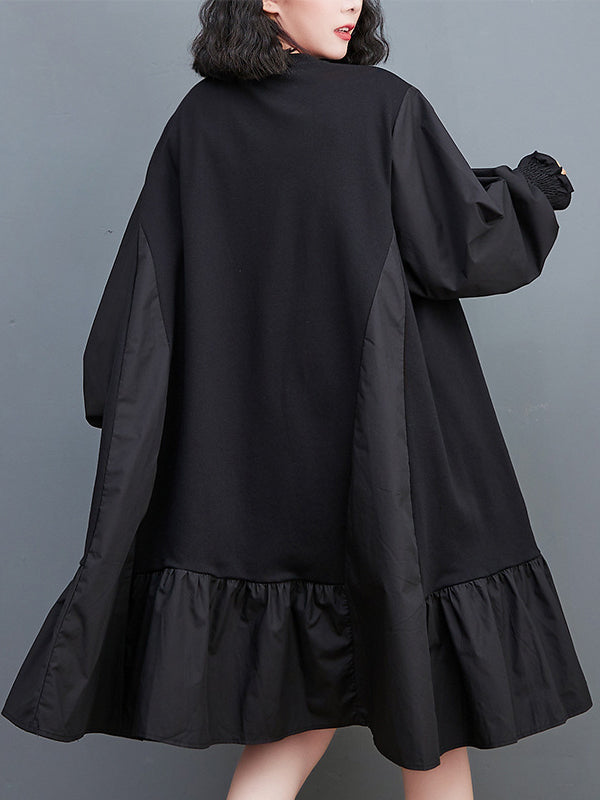 Loose Puff Sleeves Pleated Color Split-joint Round-neck Midi Dresses