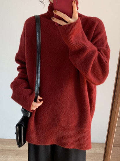 Red High Neck Split Hem Long Sleeve Sweater An1056