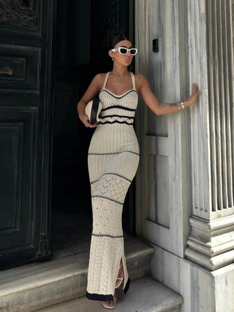 ’s Hollow Out Spaghetti Strap Long Dress Contrasting Knit Backless Side Slit Holiday Party Maxi Dress