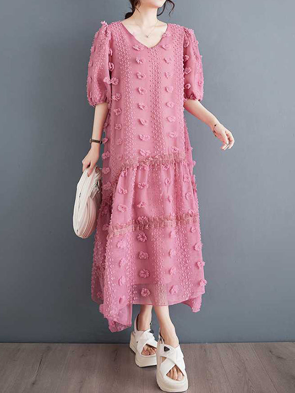 A-line Half Sleeves Elasticity Jacquard Color Split-joint V-neck Midi Dresses