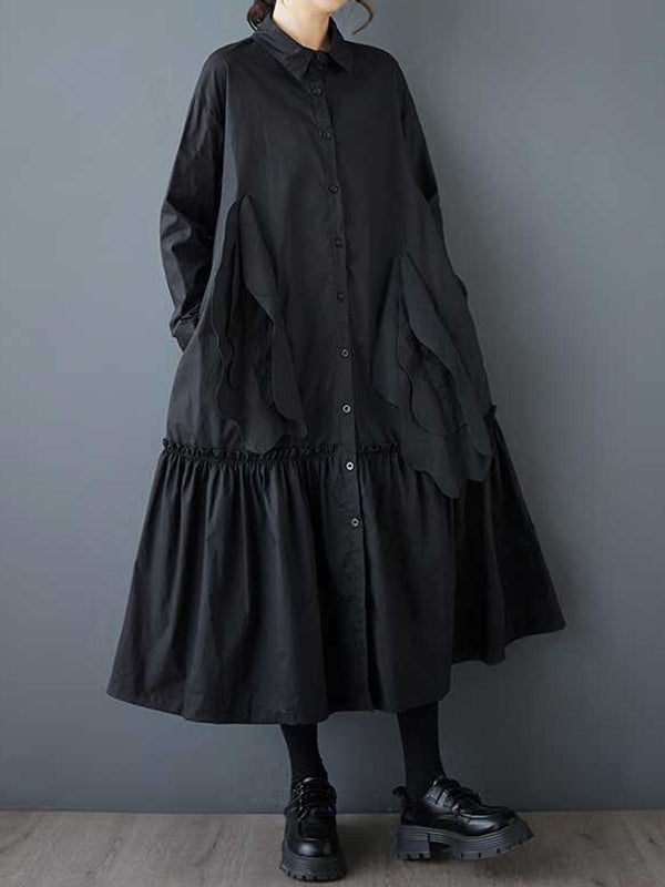 A-line Long Sleeves Buttoned Pleated Pockets Color Split-joint Lapel Midi Dresses