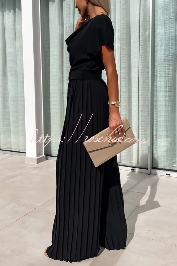 Ivy Cowl Neck Short Sleeve Belt Pleated Loose Wide Leg Jumpsuit