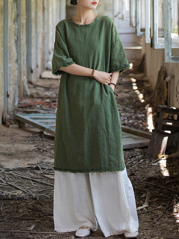Half Sleeves High-low Fringed Color Split-joint Split-side Round-neck Midi Dresses