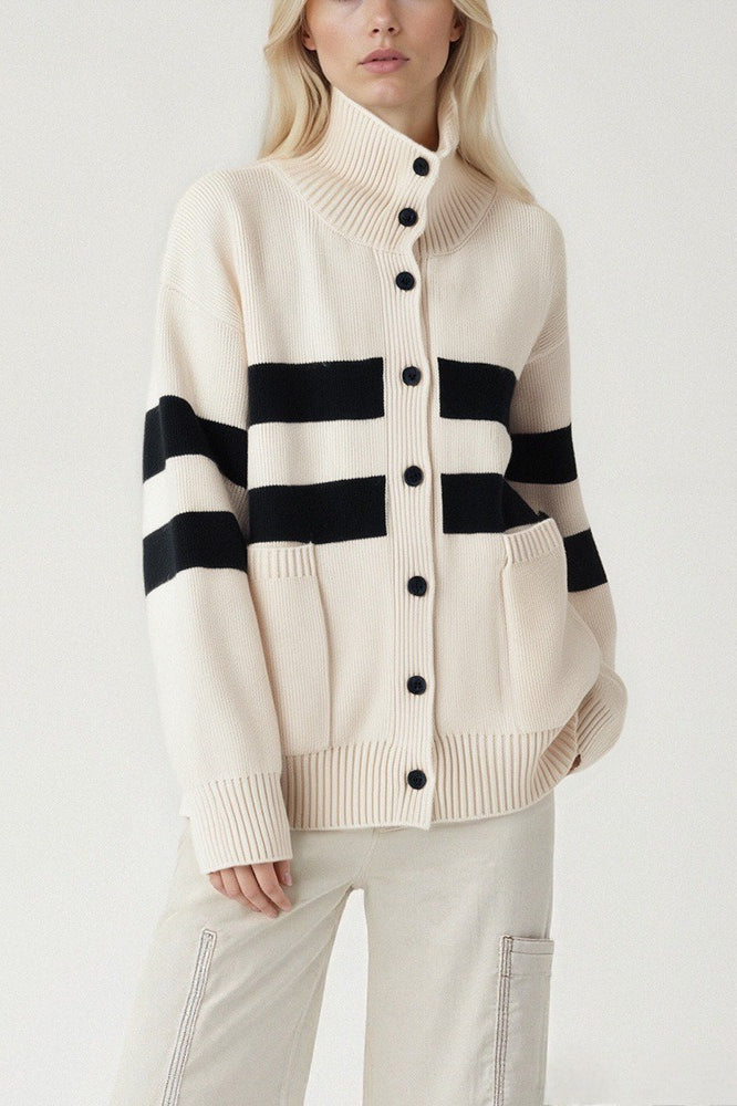 Color Block Stripe Turtleneck Loose Knit Cardigan