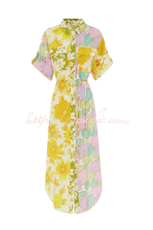 Travel Effortlessly Linen Blend Patchwork Shirt Midi Dress