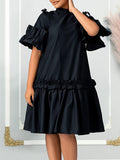 A-line Half Sleeves Pleated Color Split-joint Zipper Mock Neck Midi Dresses