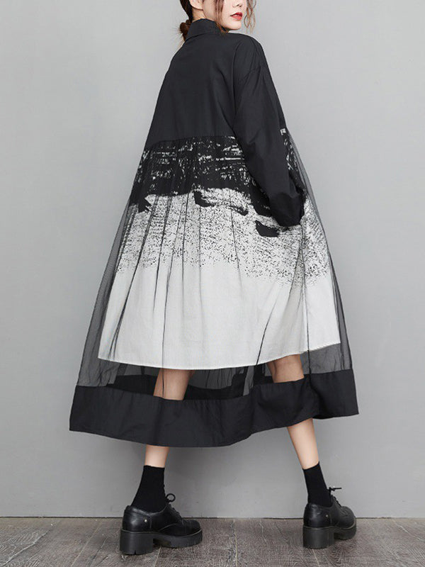 A-line Long Sleeves Buttoned Gauze Printed Split-joint Lapel Midi Dresses