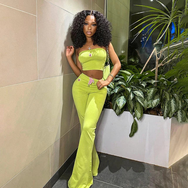 Ins Embroidered Flower Tube Top High Waist Drawstring Pant Two-piece Set Spring – Embroidered Tube Top and High Waist Drawstring Pants Set