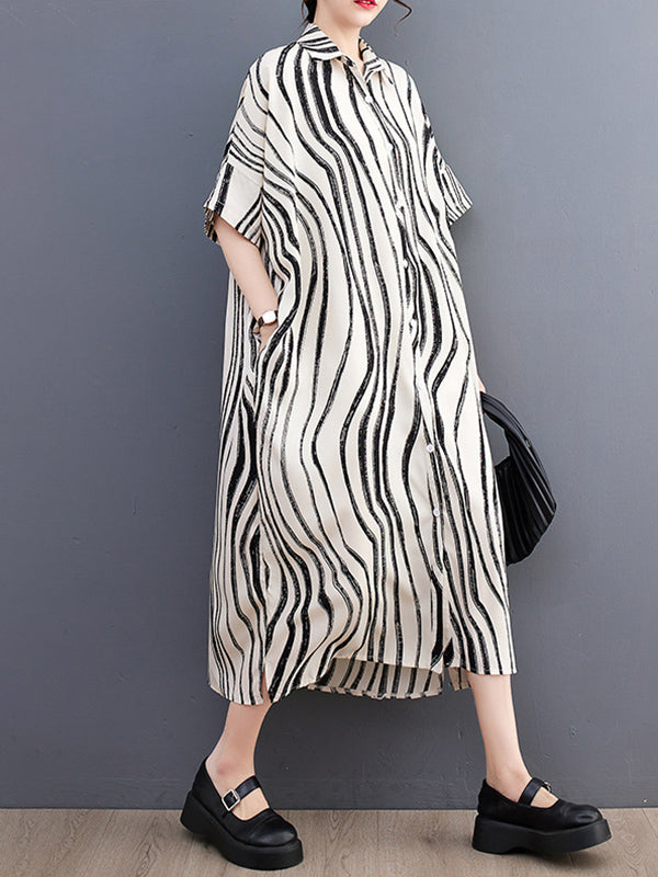 Raglan Sleeve Oversize Zebra-stripe Split-joint Lapel Midi Dresses Shirt Dress
