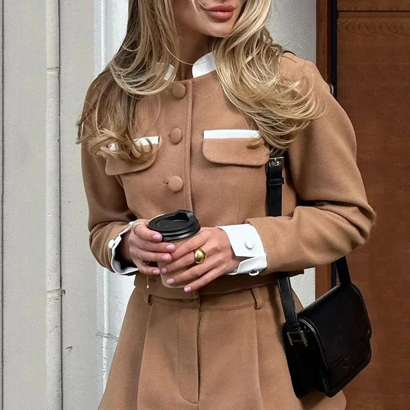 Tweed Shorts Skirt Two Piece Set Long Sleeve Single Breasted Jacket Woman Shorts 2 Suits Lady Outfits