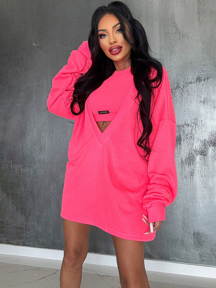 Loose Color Round-neck Mini Dresses & Vest Top Two Pieces Set
