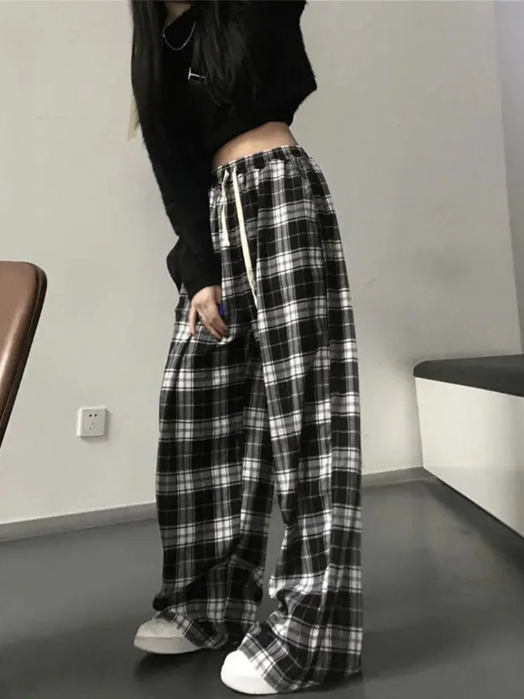 Black and White Plaid Pants New Loose Wide Leg Trousers Ins Retro Teen Straight Trousers Hiphop