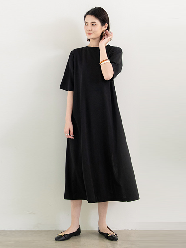 Original Half Sleeves Loose Contrast Color Split-back Round-neck Midi Dresses