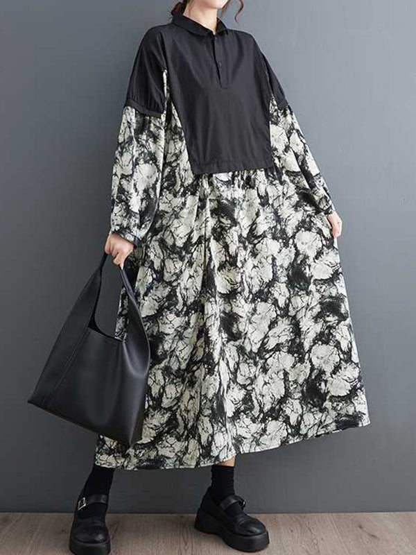 Long Sleeves Loose Buttoned Printed Split-joint Lapel Midi Dresses