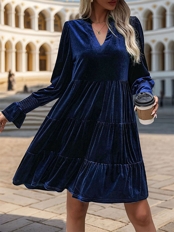 A-line Long Sleeves Pleated Color Velvet V-neck Mini Dresses