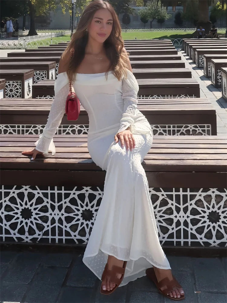 Mesh Backless Long Dress Female Lace-up High Waist Off-shoulder Slim Autumn Party Dress ’s