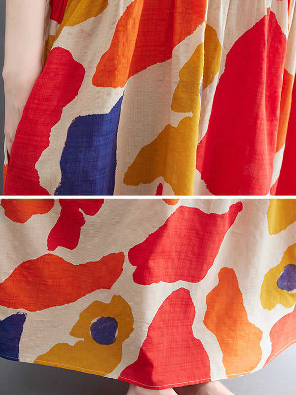 Artistic Retro Short Sleeves Loose Contrast Color Printed Round-neck Midi Dresses