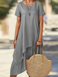 Short Sleeves Asymmetric Color Split-joint Round-neck Midi Dresses
