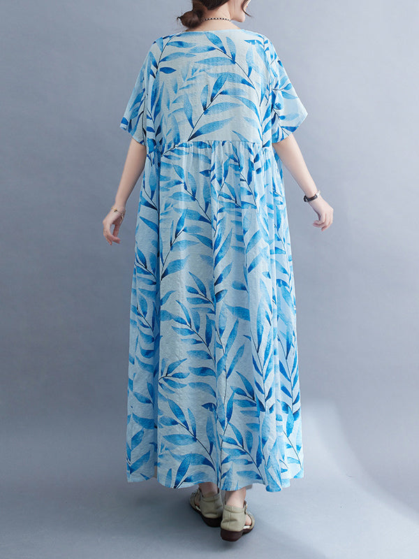 Loose Short Sleeves Leaf Pleated Printed Split-joint Round-neck Midi Dresses