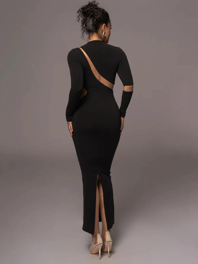Turtleneck Long Sleeve Bodycon Maxi Dress for Autumn New Patchwork Hollow Out Club Party Long Dress Vestidos