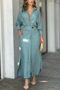 Know Your Worth Linen Blend Pocketed Slit Shirt Midi Dress