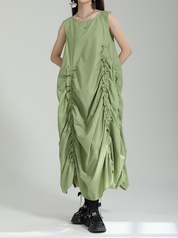 Irregular Clipping Loose Color Round-neck Midi Dresses