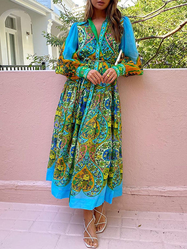 High Waisted Loose Puff Sleeves Belted Printed Lapel Midi Dresses