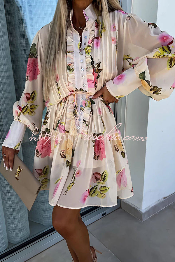 Sunset and Dreams Print Subtle Tuck Lantern Sleeve Belt Mini Dress