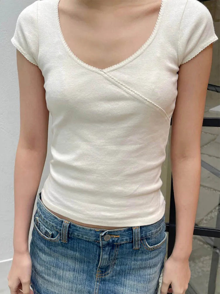 Slim T-shirt Summer V Neck Cotton Top Femme Sweet Y2k Simple Tee Tops Woman Clothes