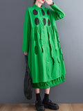 Stylish Long Sleeves A-line Polka Dot Polo Shirt Midi Dresses