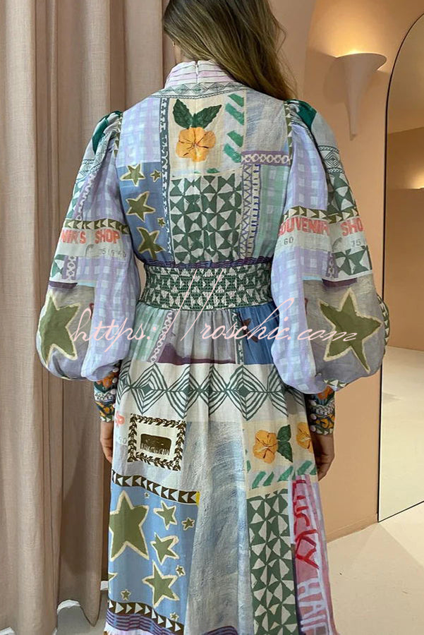 Playfully Unique Print Balloon Sleeve Smocked Waist Shirt Midi Dress
